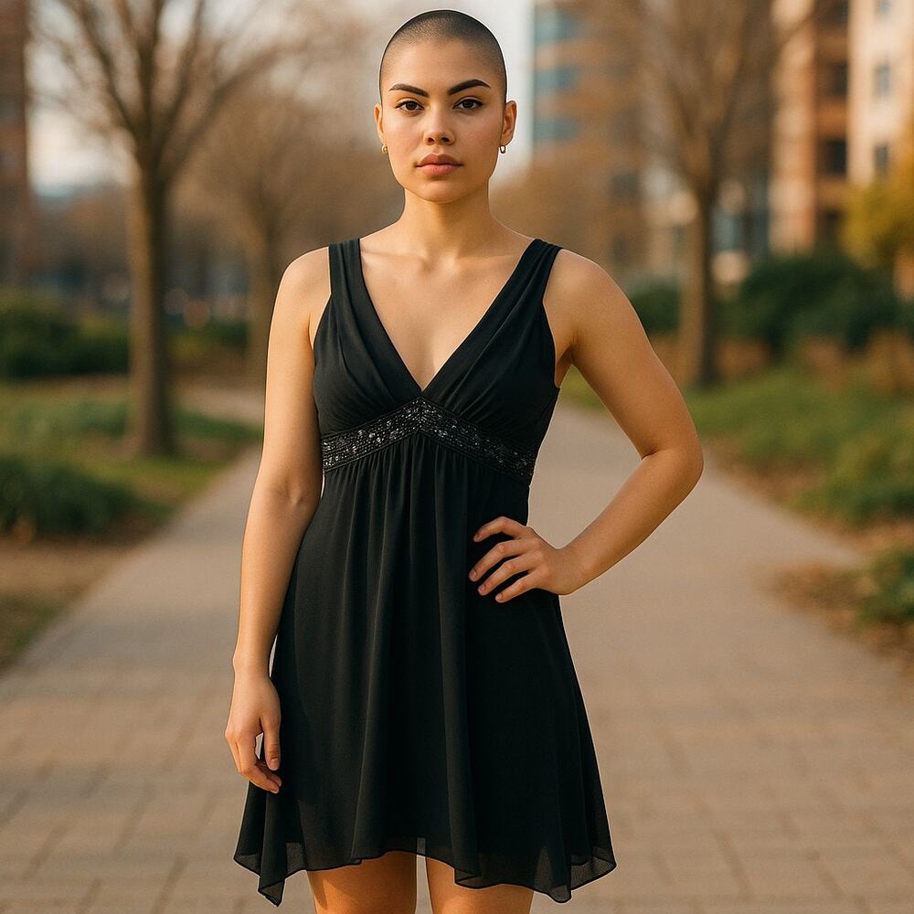 Vintage Y2K 2000s DEB Black V-Neck Asymmetrical Hem Sleeveless Mini Dress Medium